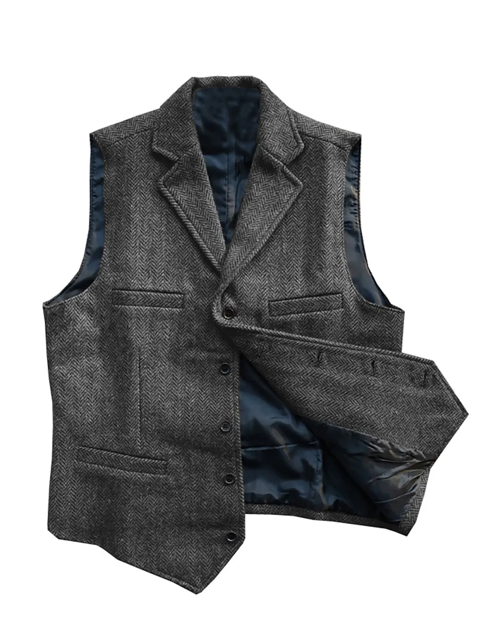 Vintage Classic Slim Tweed Herringbone Notched Lapel Waistcoat