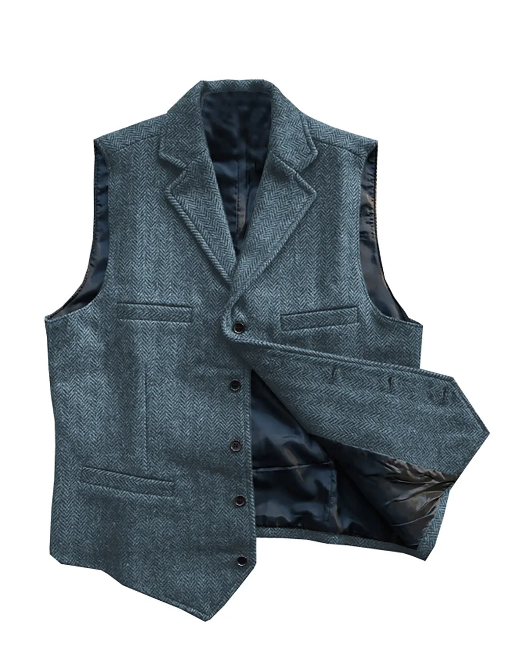 Vintage Classic Slim Tweed Herringbone Notched Lapel Waistcoat