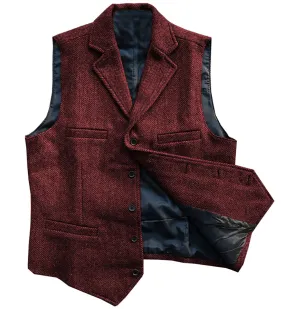 Vintage Classic Slim Tweed Herringbone Notched Lapel Waistcoat