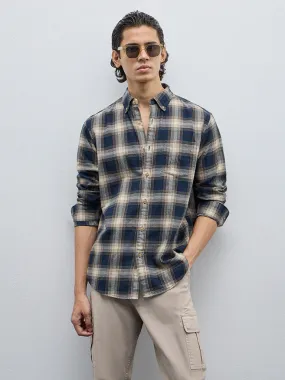 WES Casuals Navy Checkered Relaxed-Fit Cotton Shirt