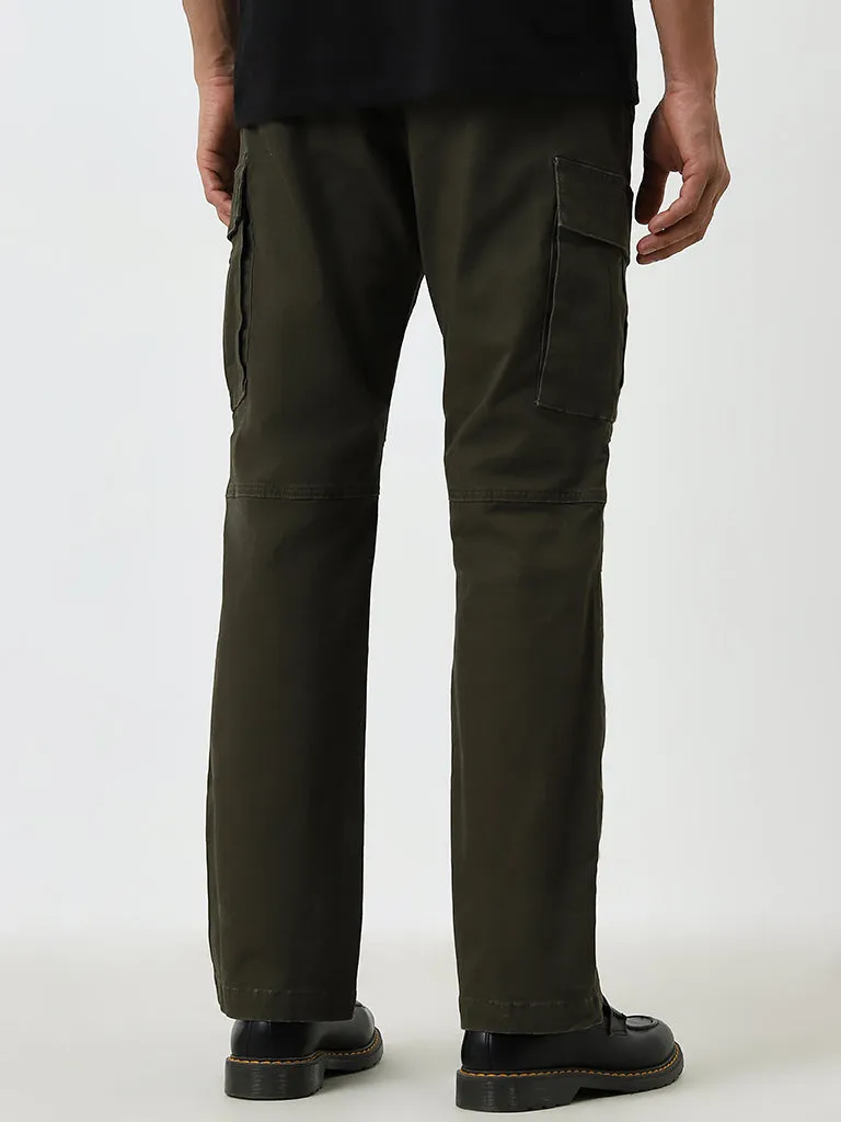 WES Casuals Olive Mid-Rise Relaxed-Fit Cotton Blend Chinos