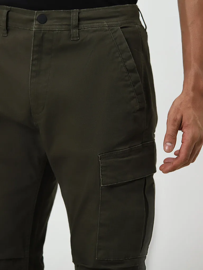 WES Casuals Olive Mid-Rise Relaxed-Fit Cotton Blend Chinos