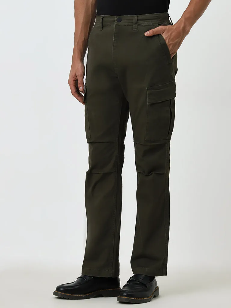 WES Casuals Olive Mid-Rise Relaxed-Fit Cotton Blend Chinos