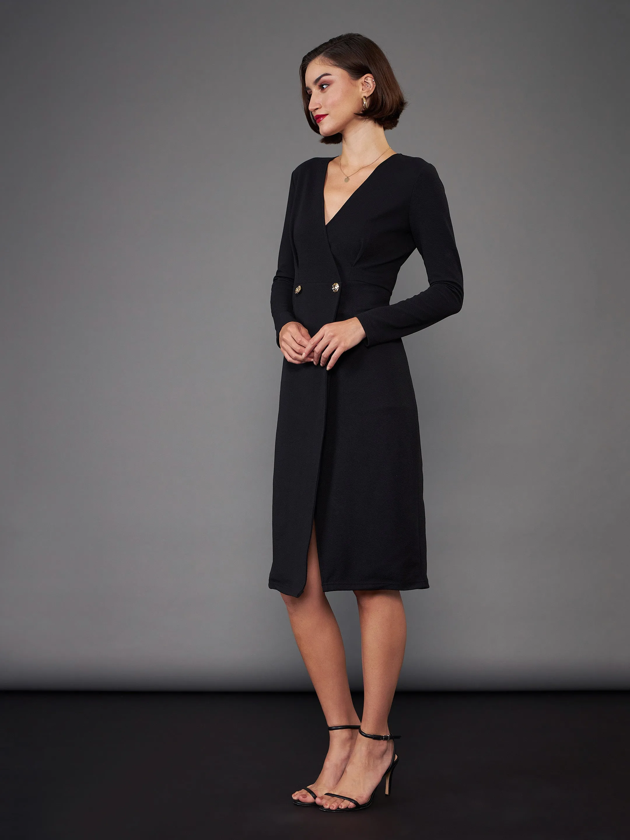 Women Black Blazer Midi Dress