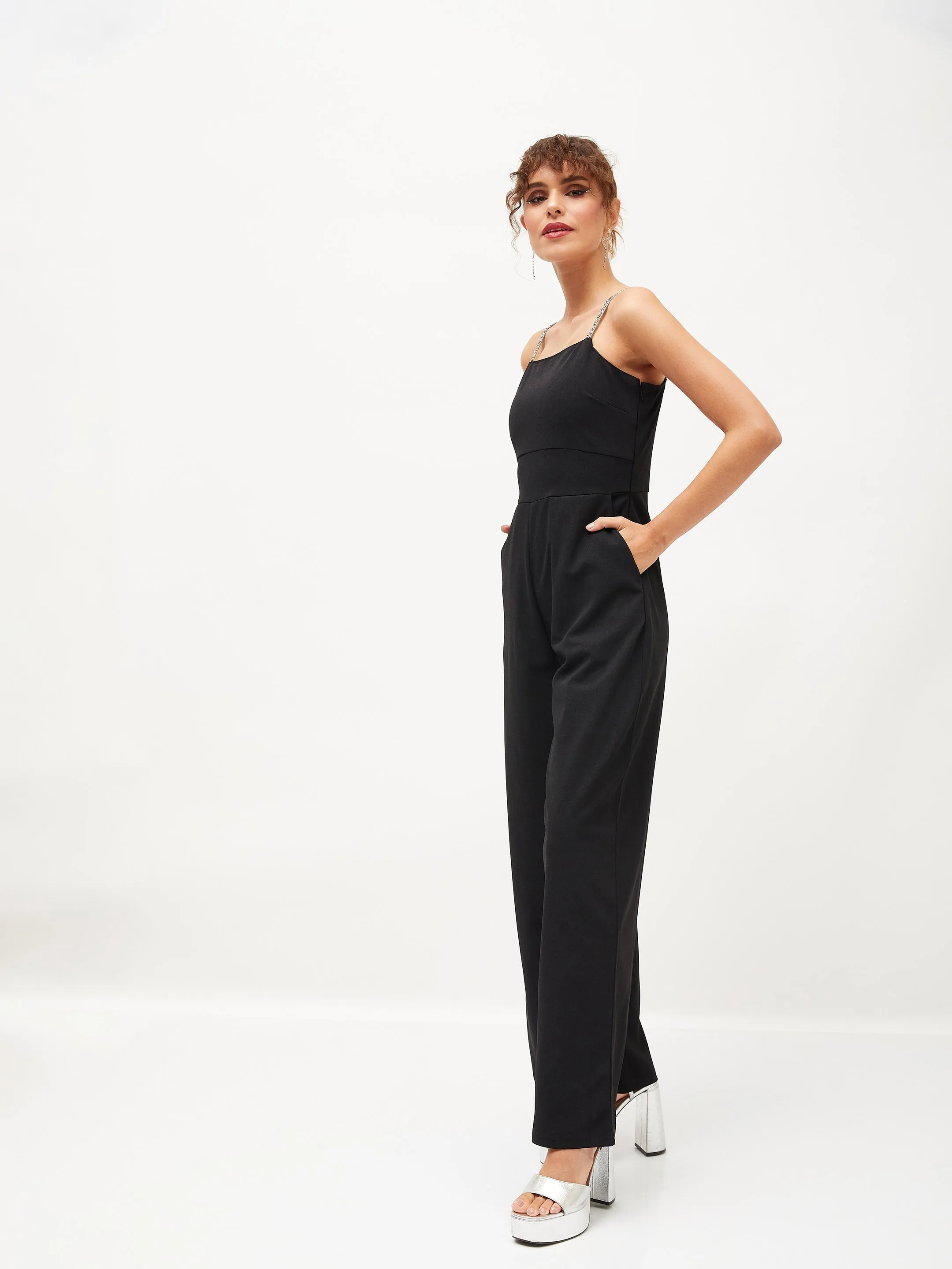 Women Black Diamante Strap Detail Jumpsuit