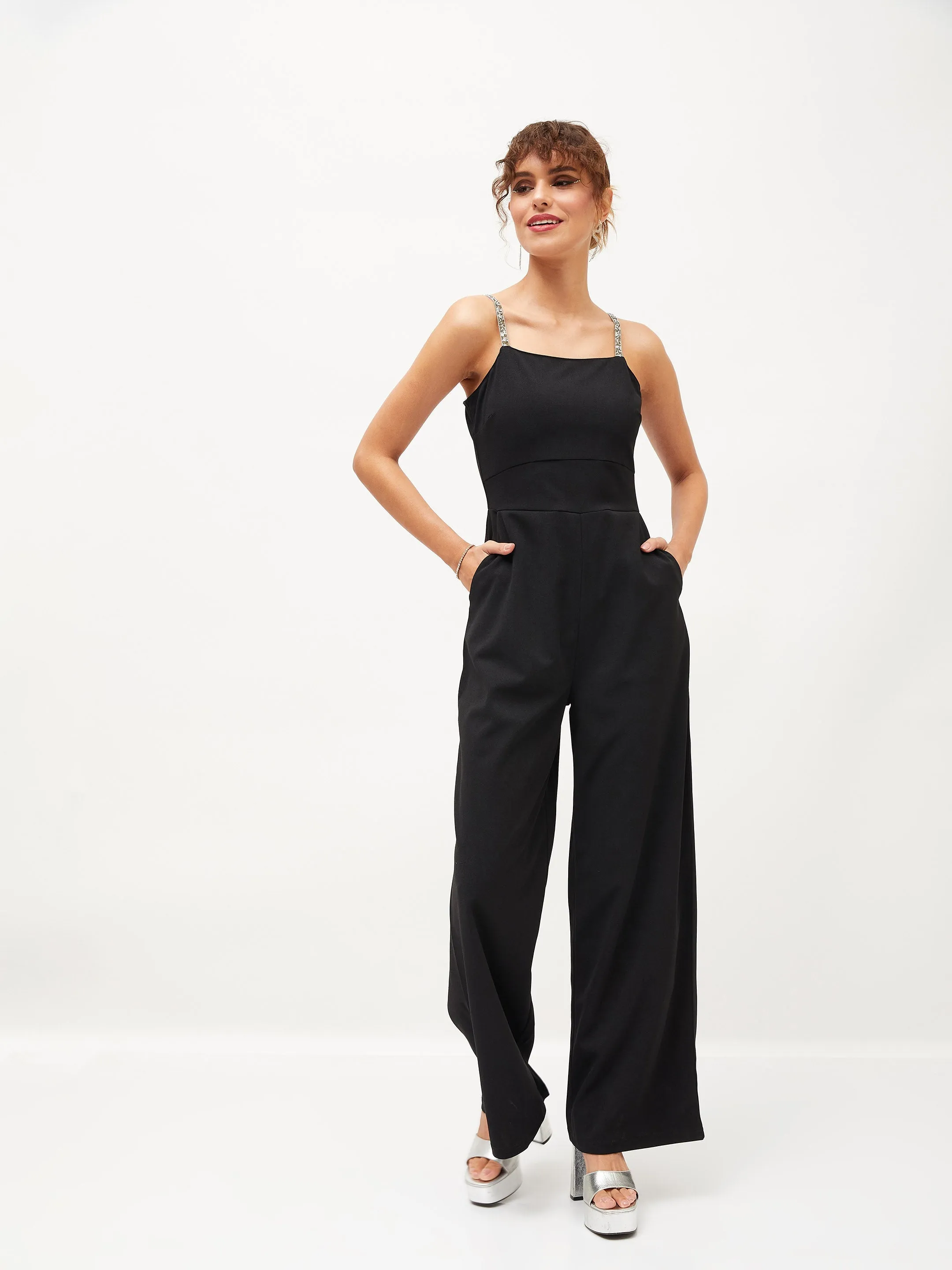 Women Black Diamante Strap Detail Jumpsuit