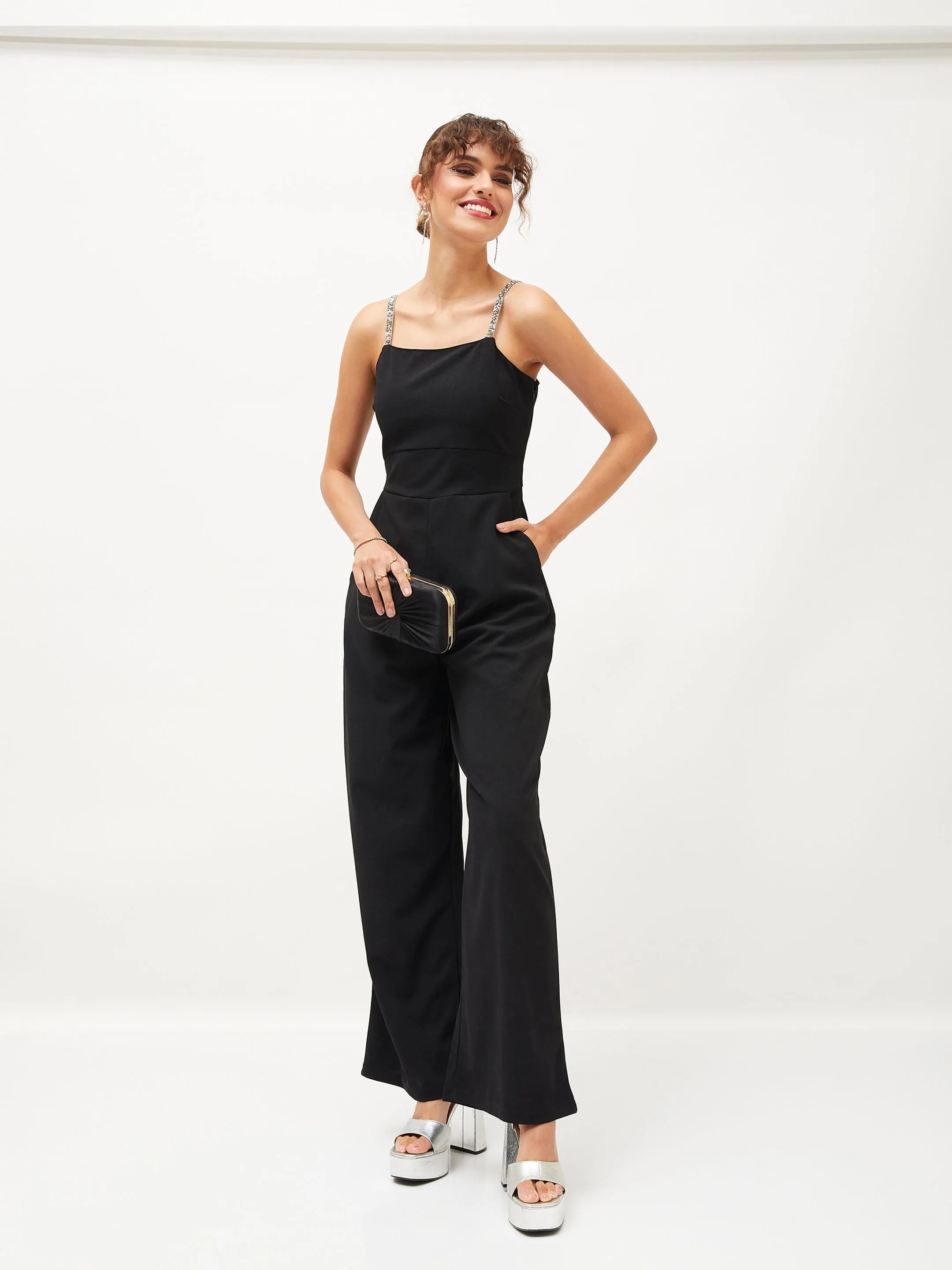 Women Black Diamante Strap Detail Jumpsuit