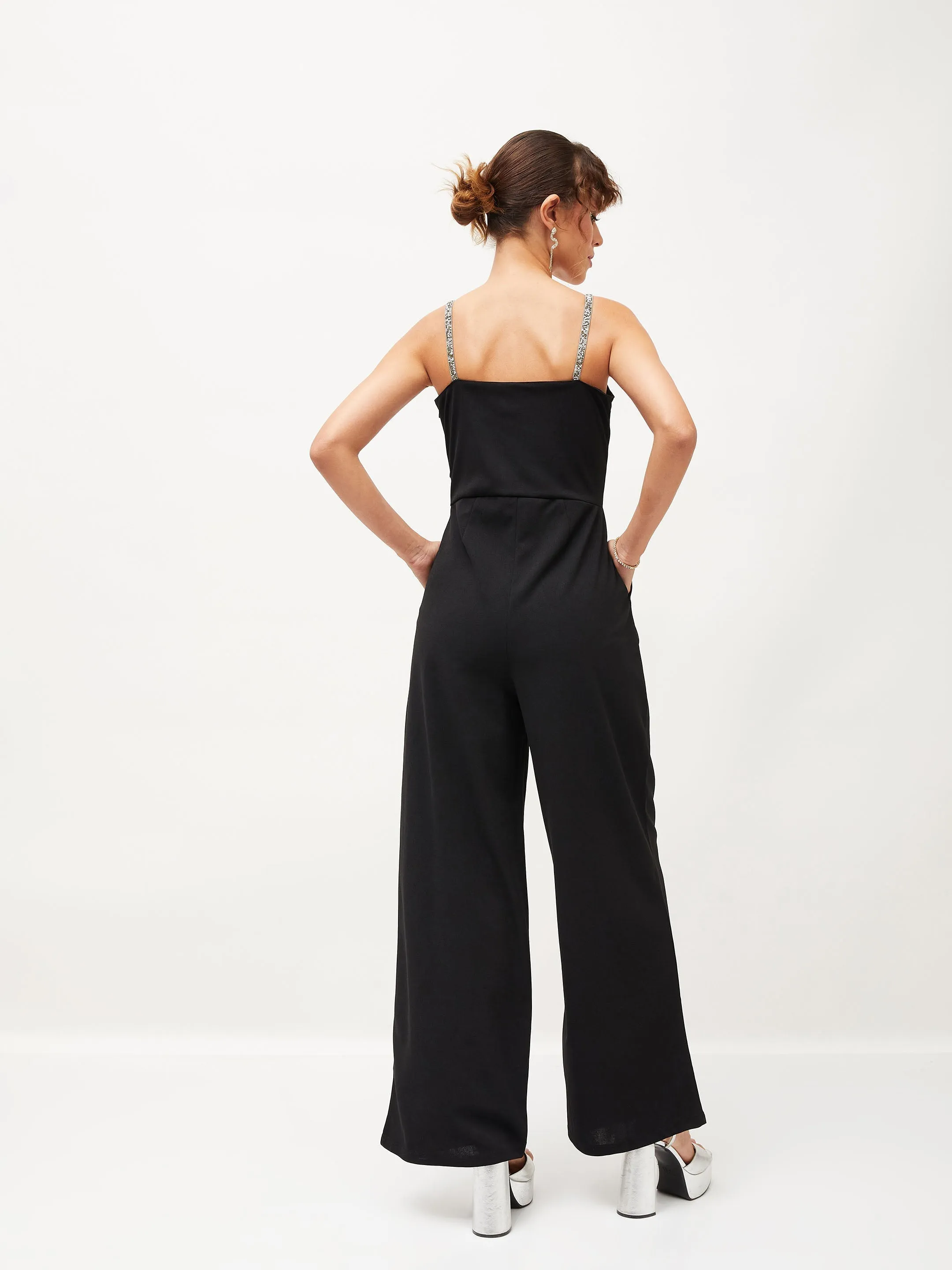 Women Black Diamante Strap Detail Jumpsuit