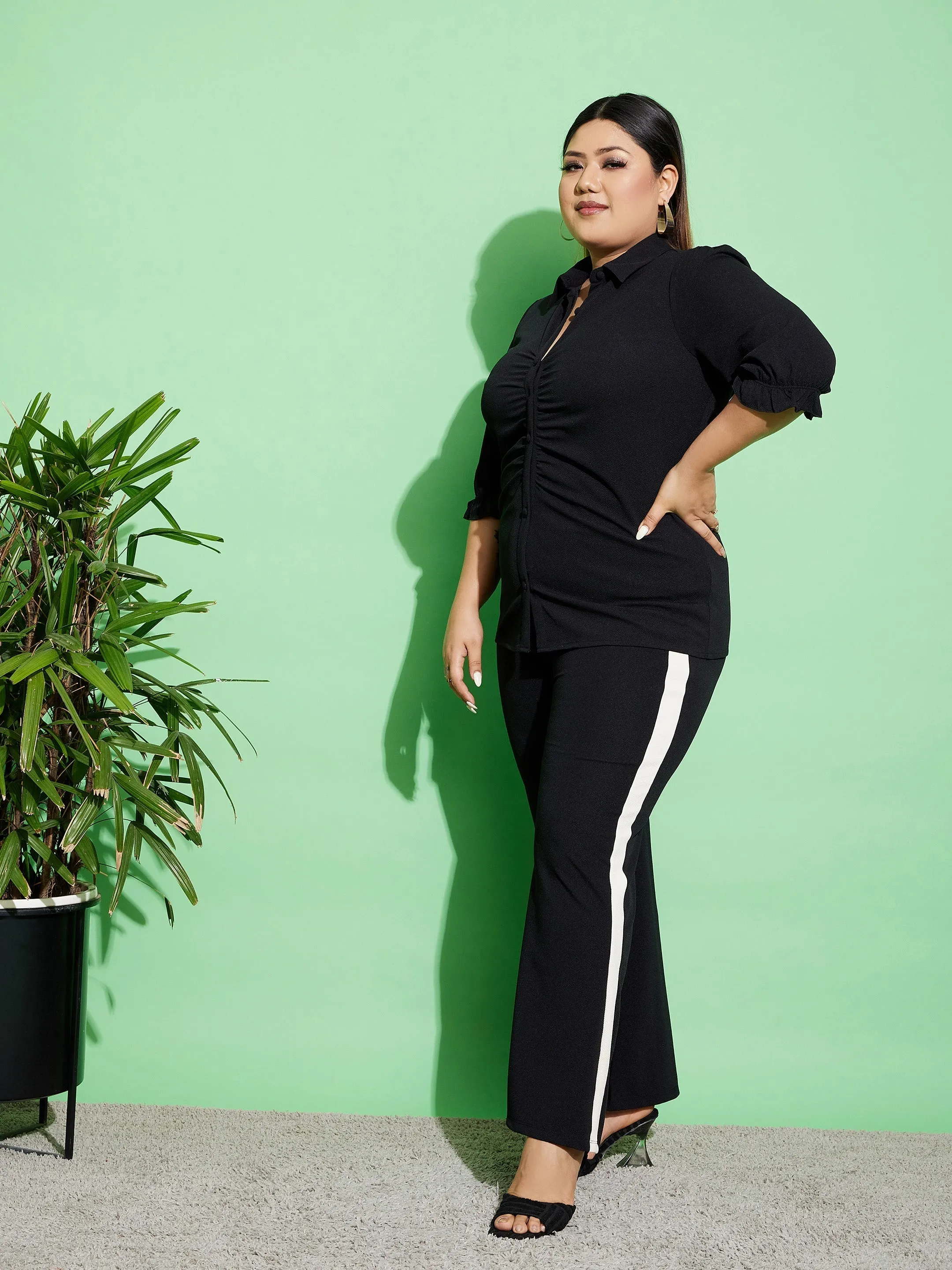 Women Black Ruched Shirt With Side Tape Pants