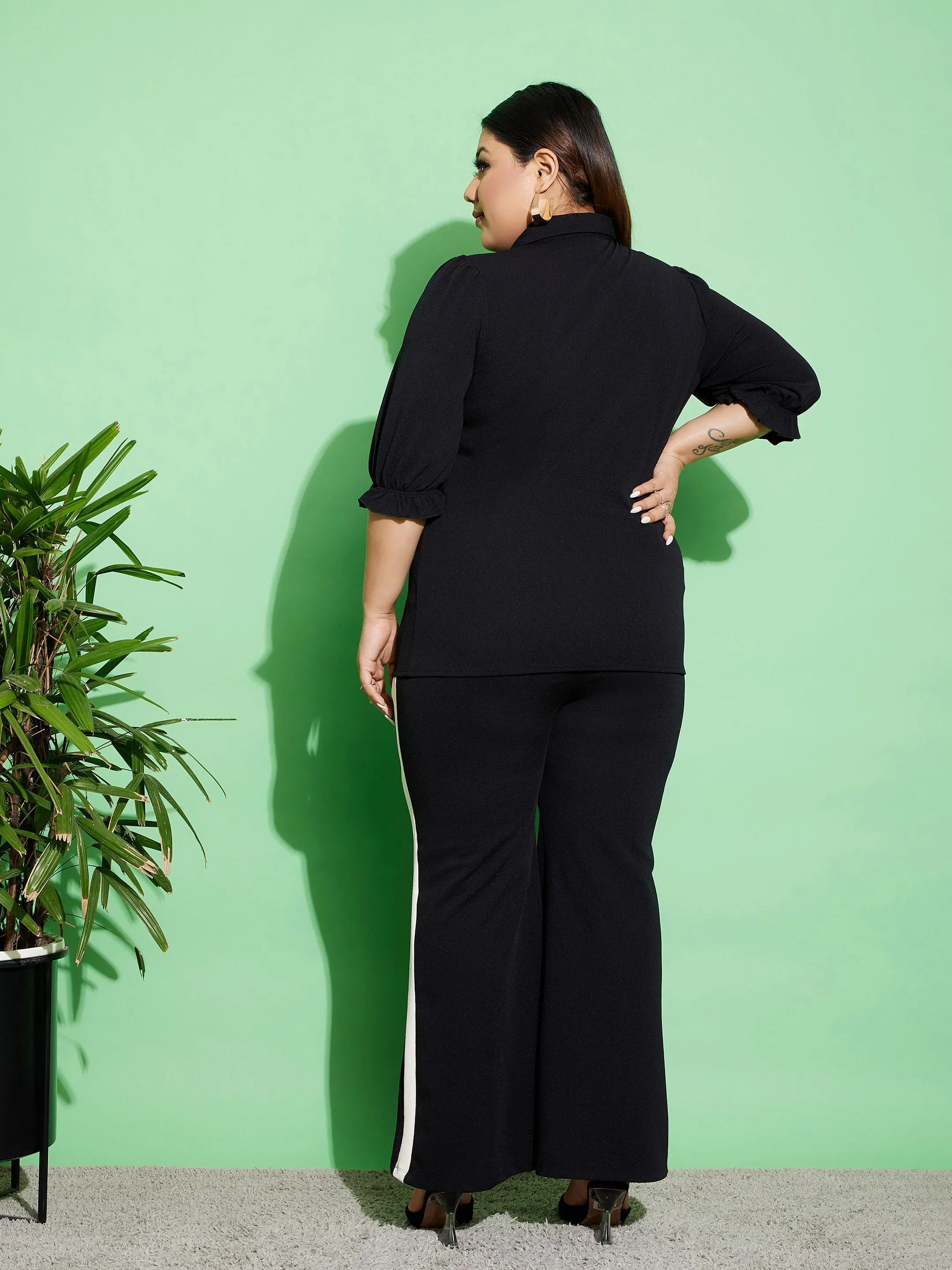 Women Black Ruched Shirt With Side Tape Pants