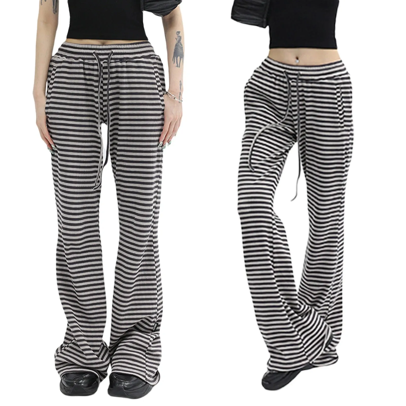 Women Drawstring Straight Leg Vintage Low Rise Striped Knitted Lounge Pants