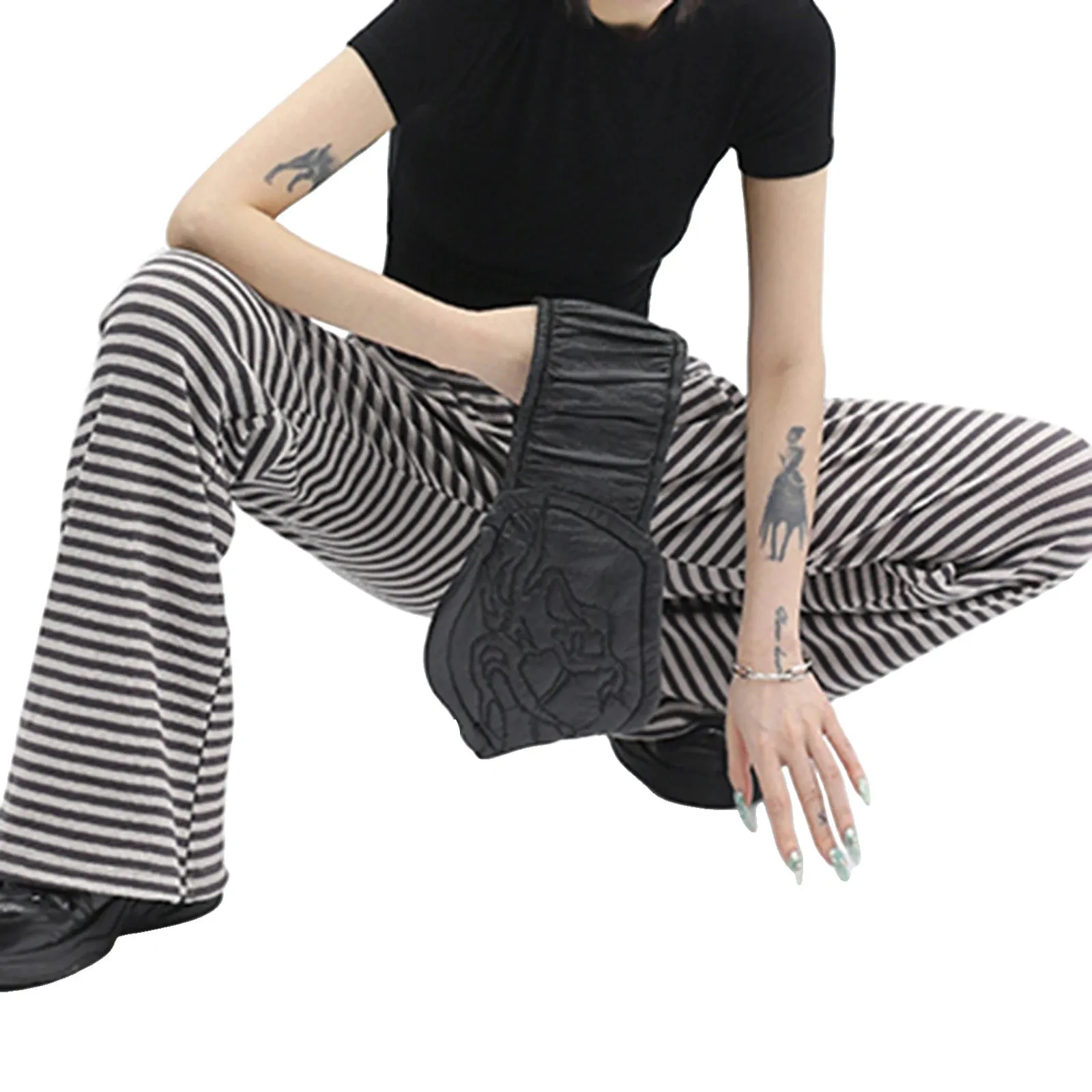 Women Drawstring Straight Leg Vintage Low Rise Striped Knitted Lounge Pants