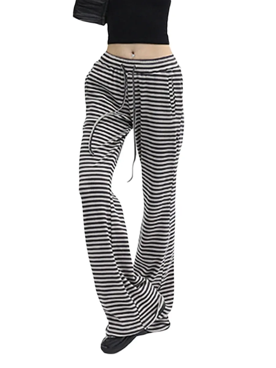 Women Drawstring Straight Leg Vintage Low Rise Striped Knitted Lounge Pants