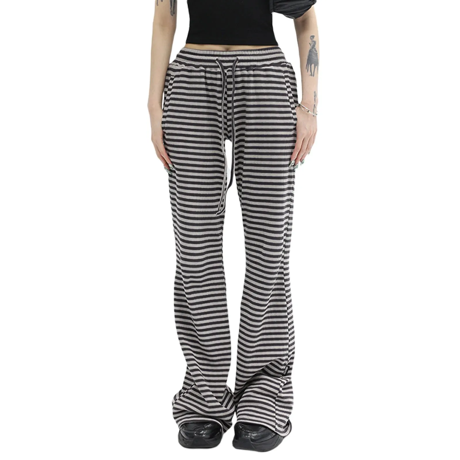 Women Drawstring Straight Leg Vintage Low Rise Striped Knitted Lounge Pants