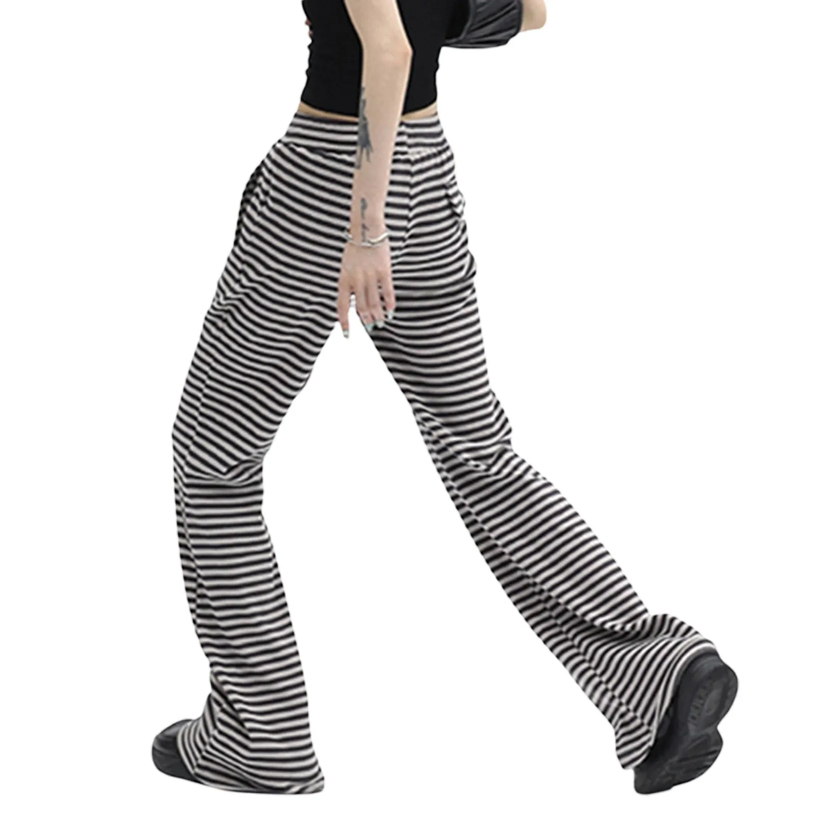 Women Drawstring Straight Leg Vintage Low Rise Striped Knitted Lounge Pants