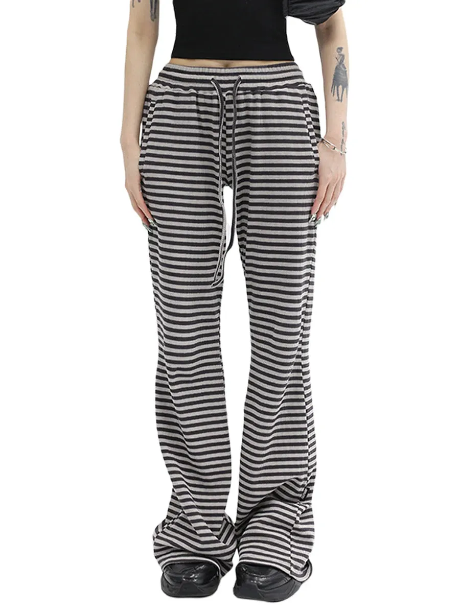 Women Drawstring Straight Leg Vintage Low Rise Striped Knitted Lounge Pants