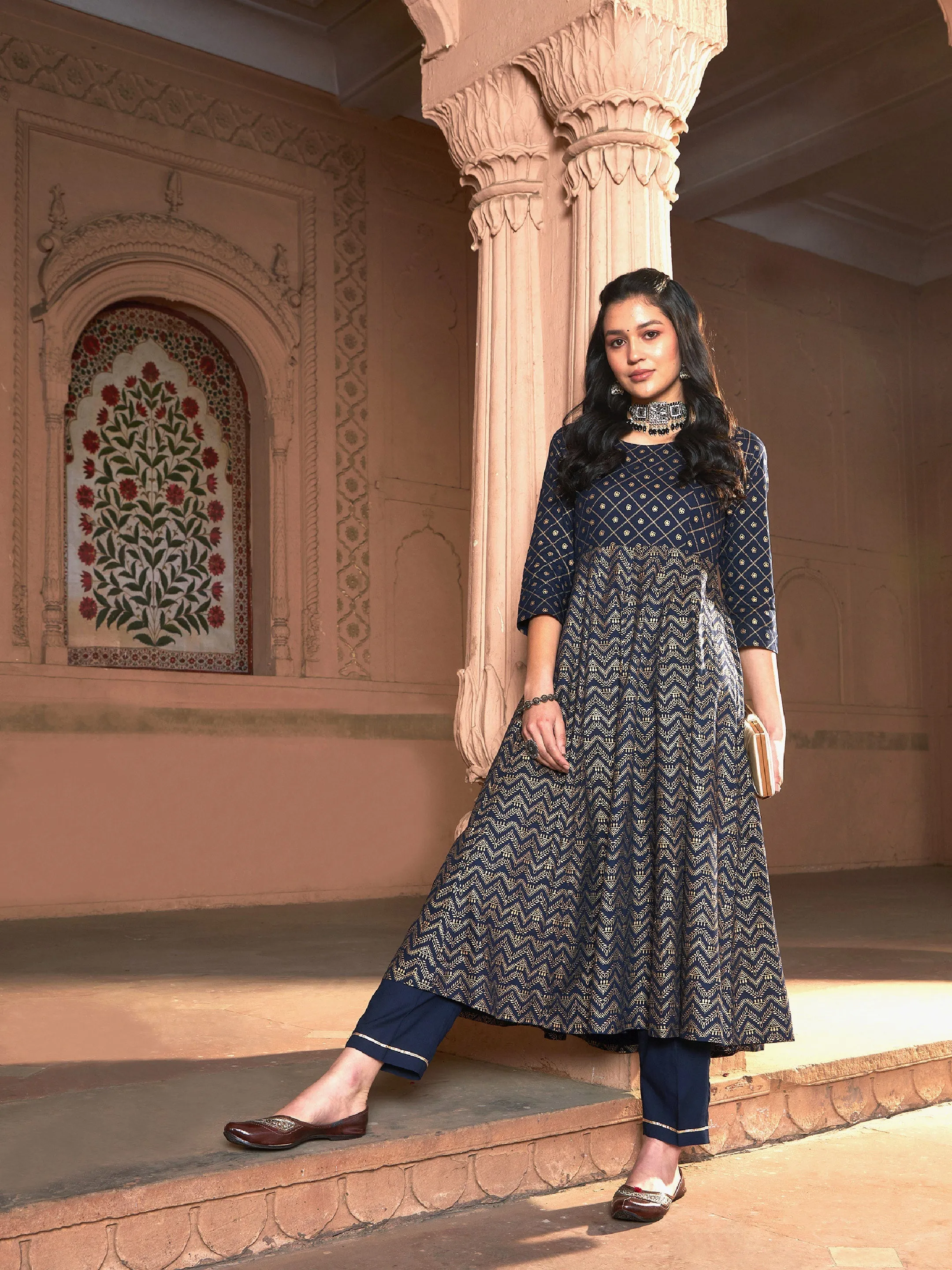 Women Navy Chevron Foil Anarkali Kurta With Pants