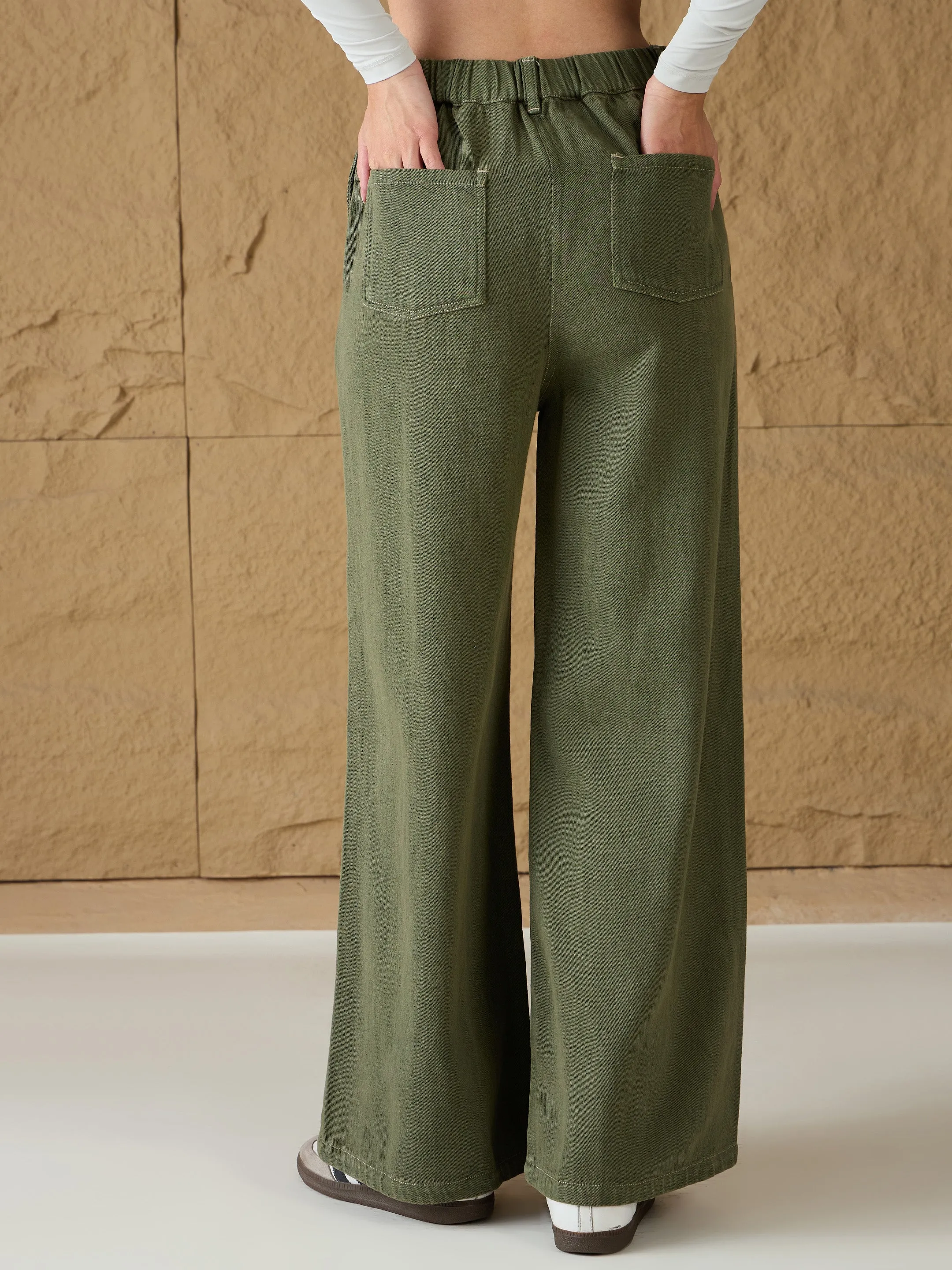 Women Olive Denim Flared Pants