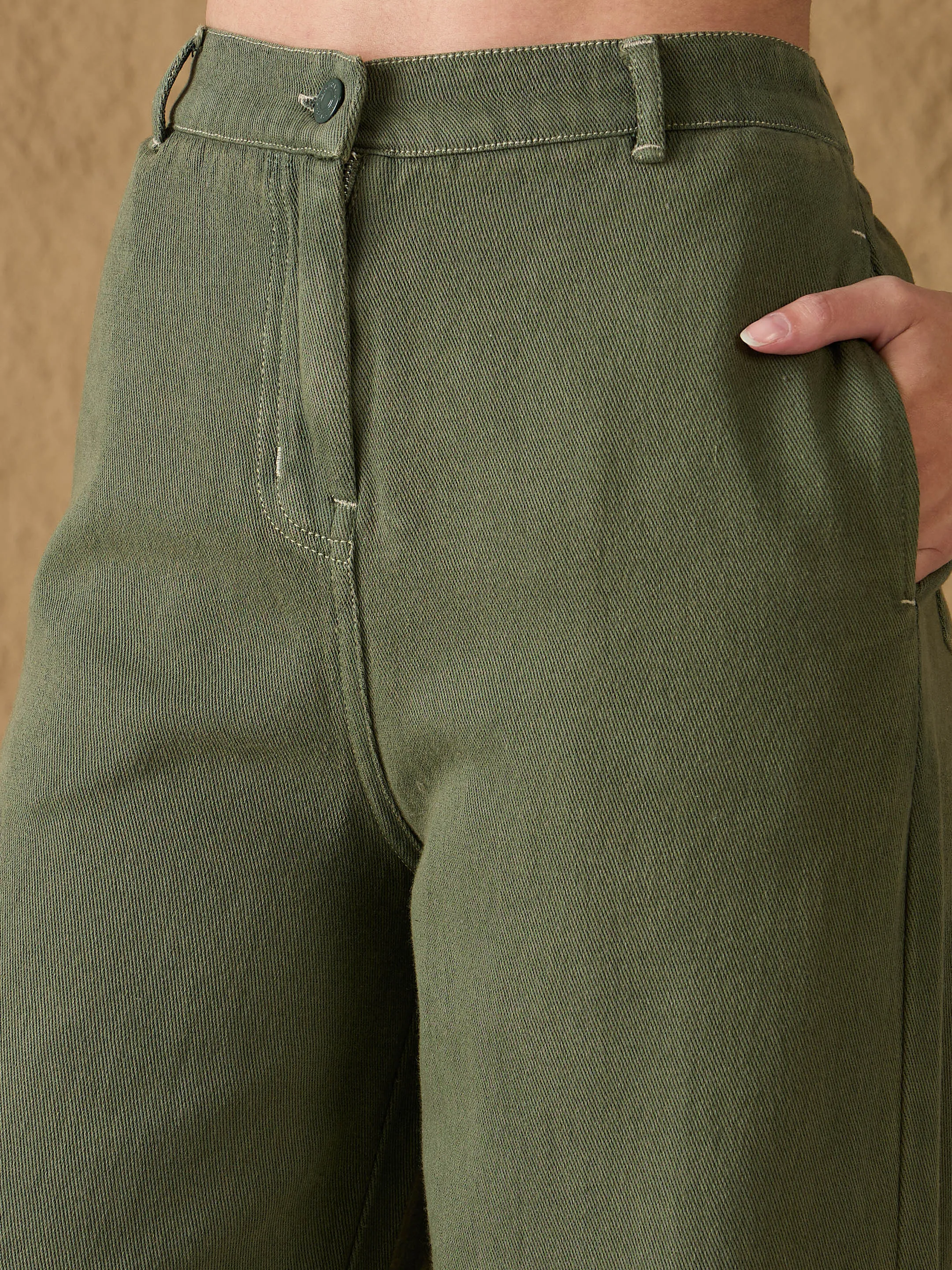 Women Olive Denim Flared Pants