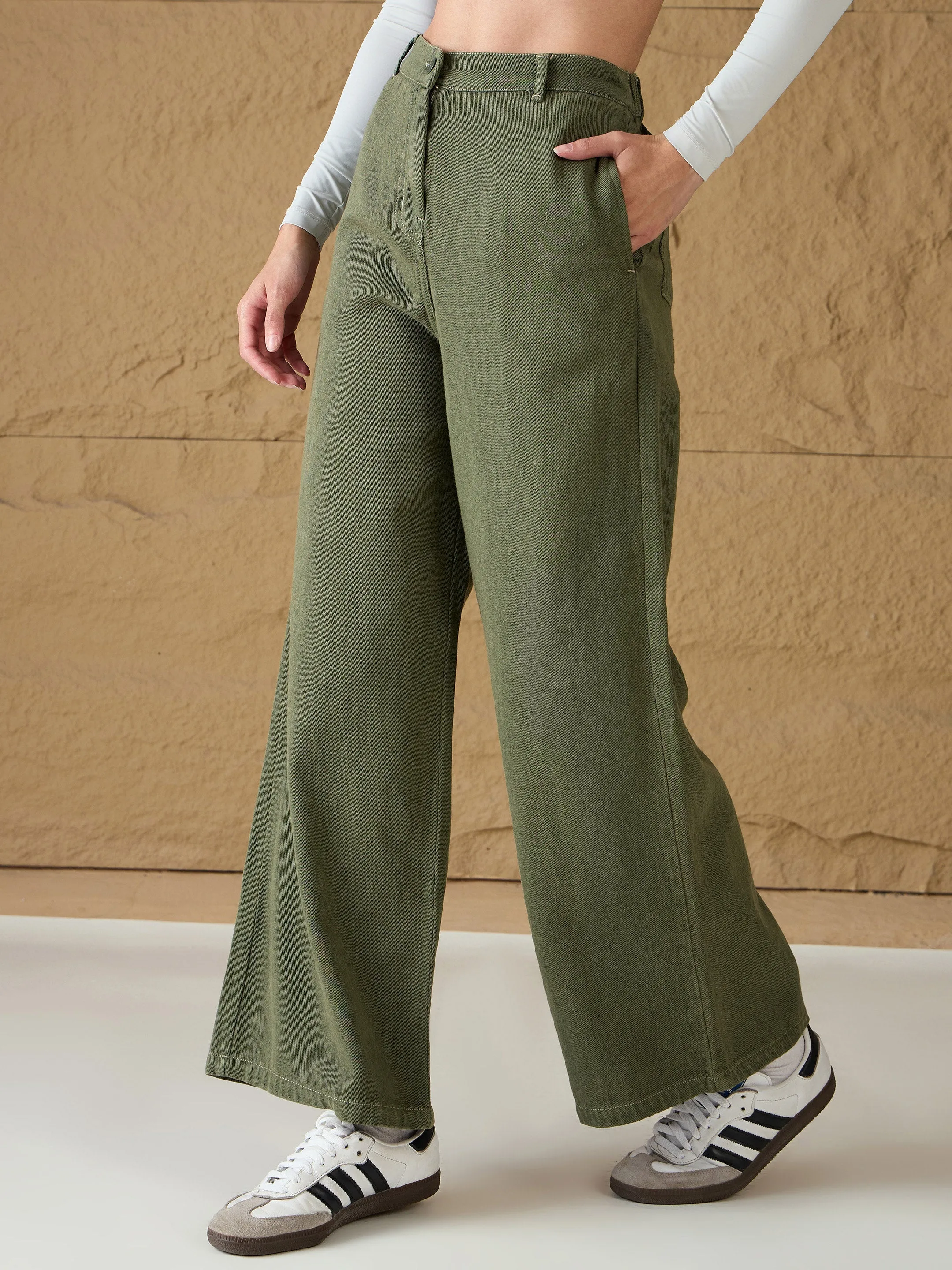 Women Olive Denim Flared Pants