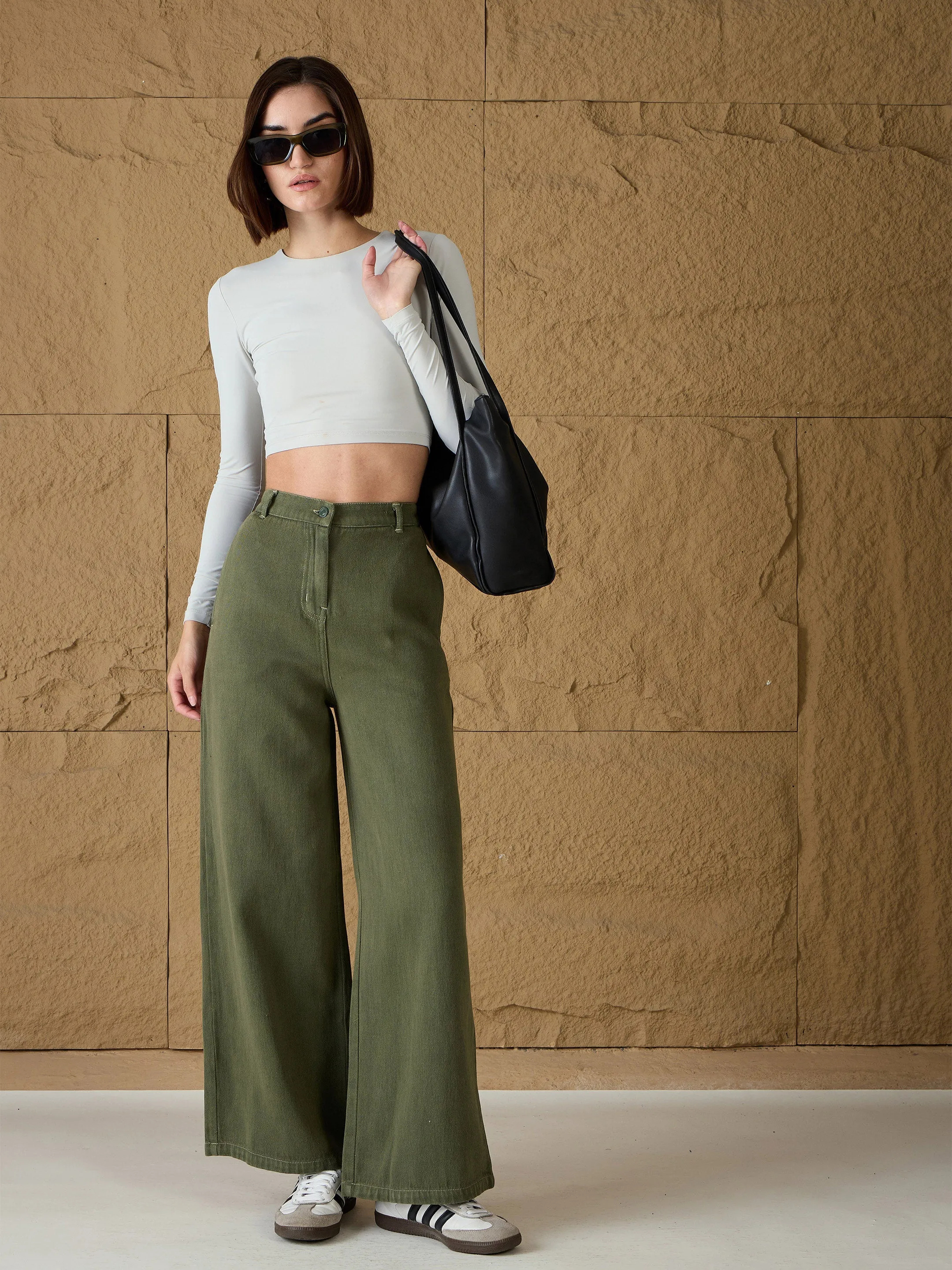 Women Olive Denim Flared Pants