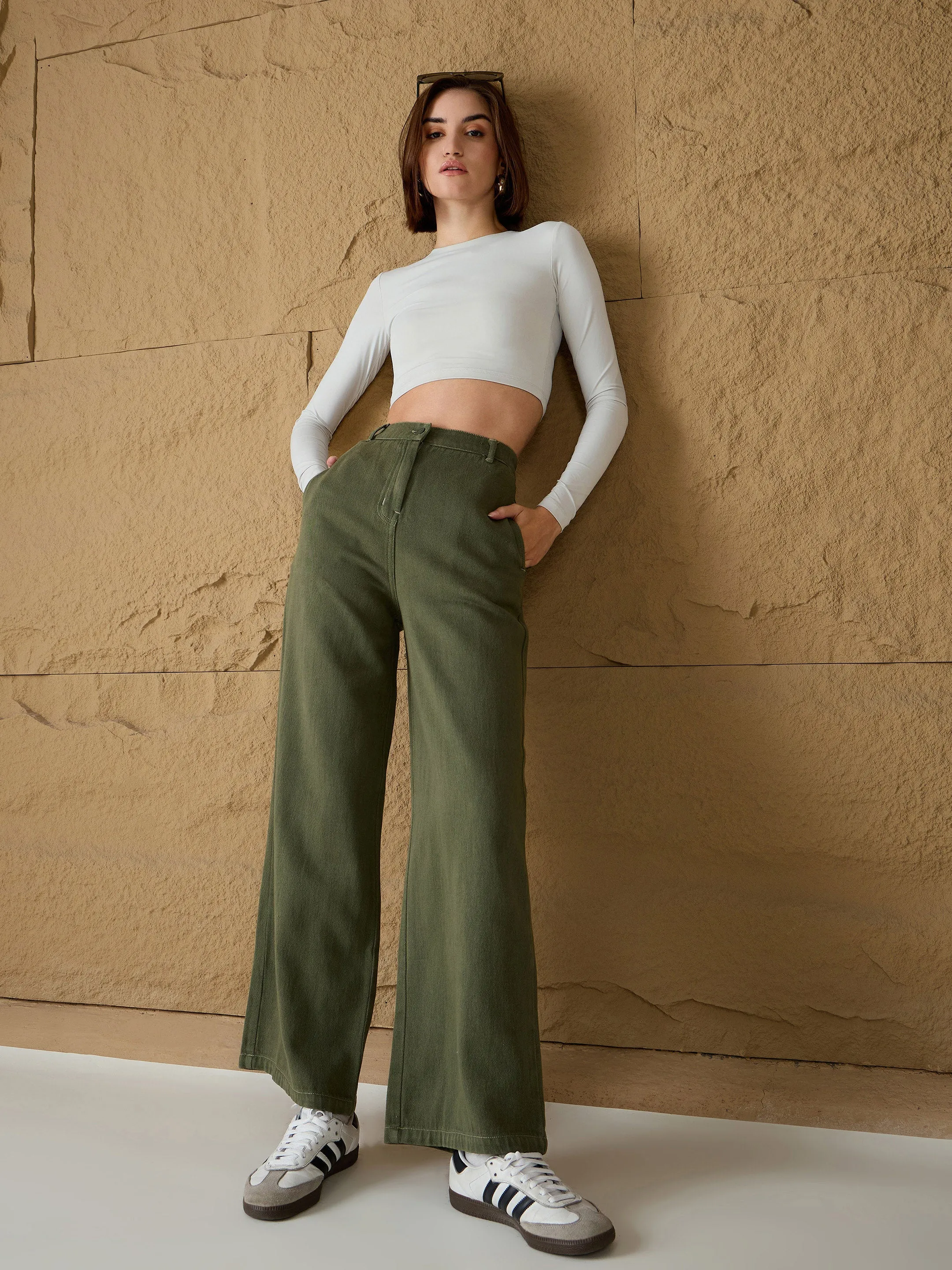 Women Olive Denim Flared Pants