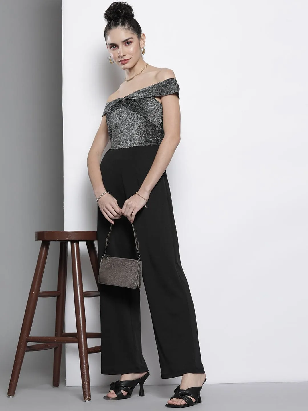 Women Silver Lurex Off Shoulder Jumpsuit