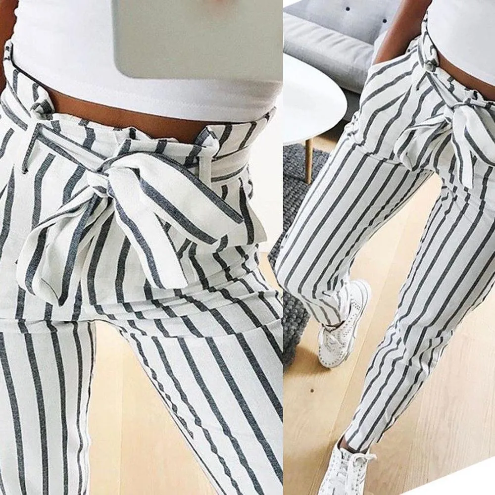 Women Striped Long Tie High Waist Ladies Pants