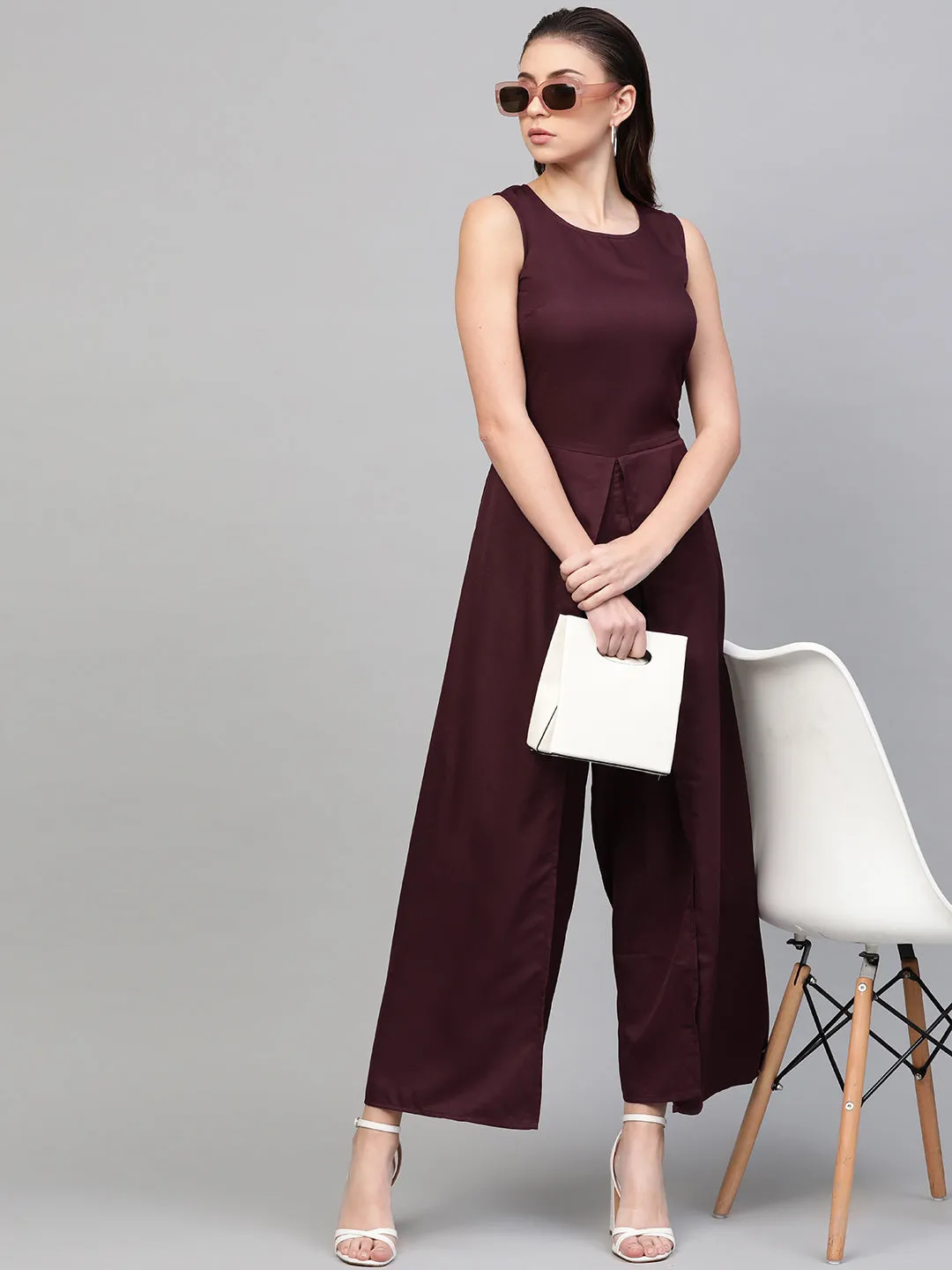 Women Wine Wrap Leg Jumpsuit