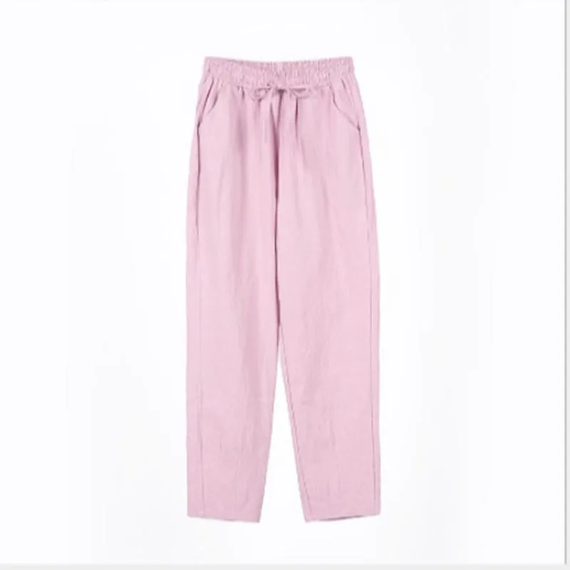 Women's Casual Cotton And Linen Elastic Waist Straight Pants