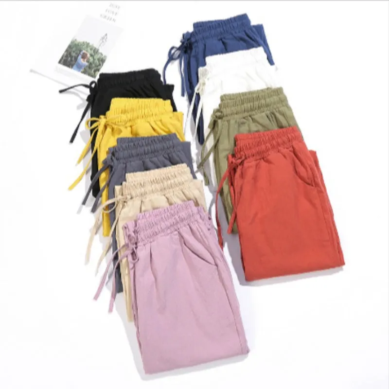 Women's Casual Cotton And Linen Elastic Waist Straight Pants