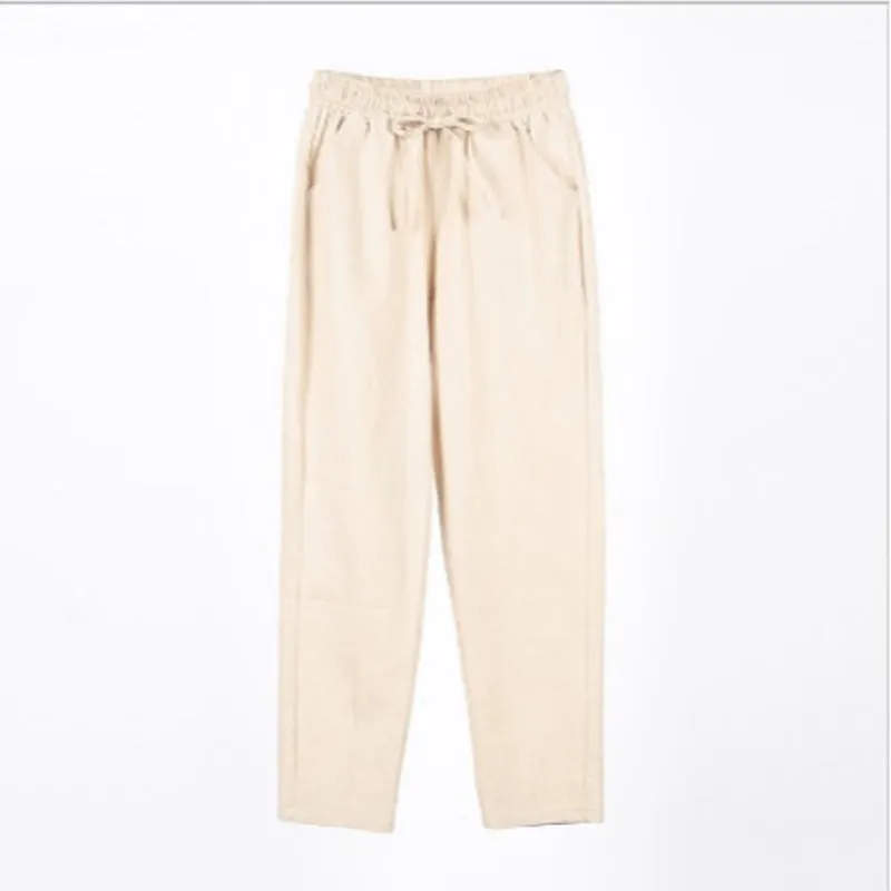 Women's Casual Cotton And Linen Elastic Waist Straight Pants