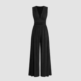 Women's Deep V-neck Pleated Wide Leg Body Shaping Stretch Fabric Jumpsuit