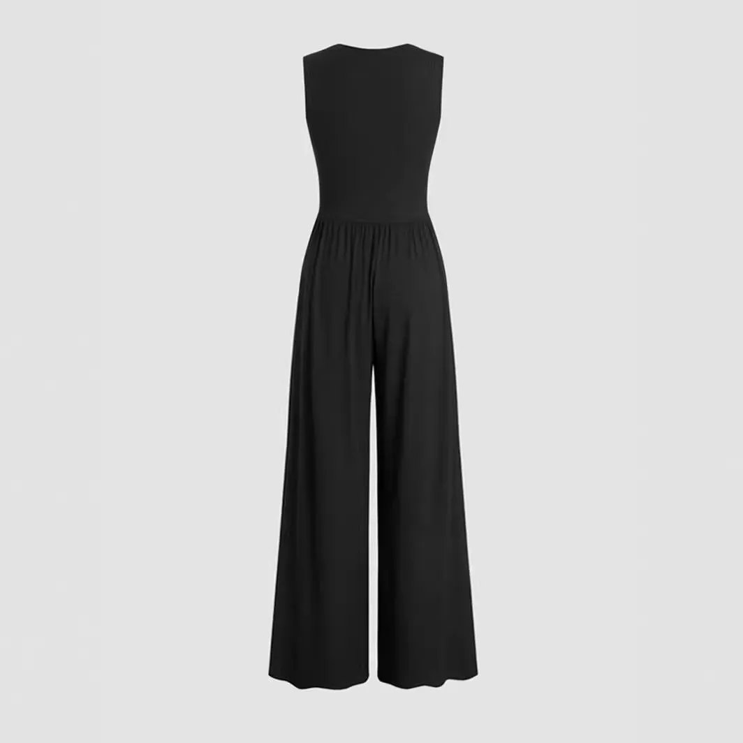 Women's Deep V-neck Pleated Wide Leg Body Shaping Stretch Fabric Jumpsuit