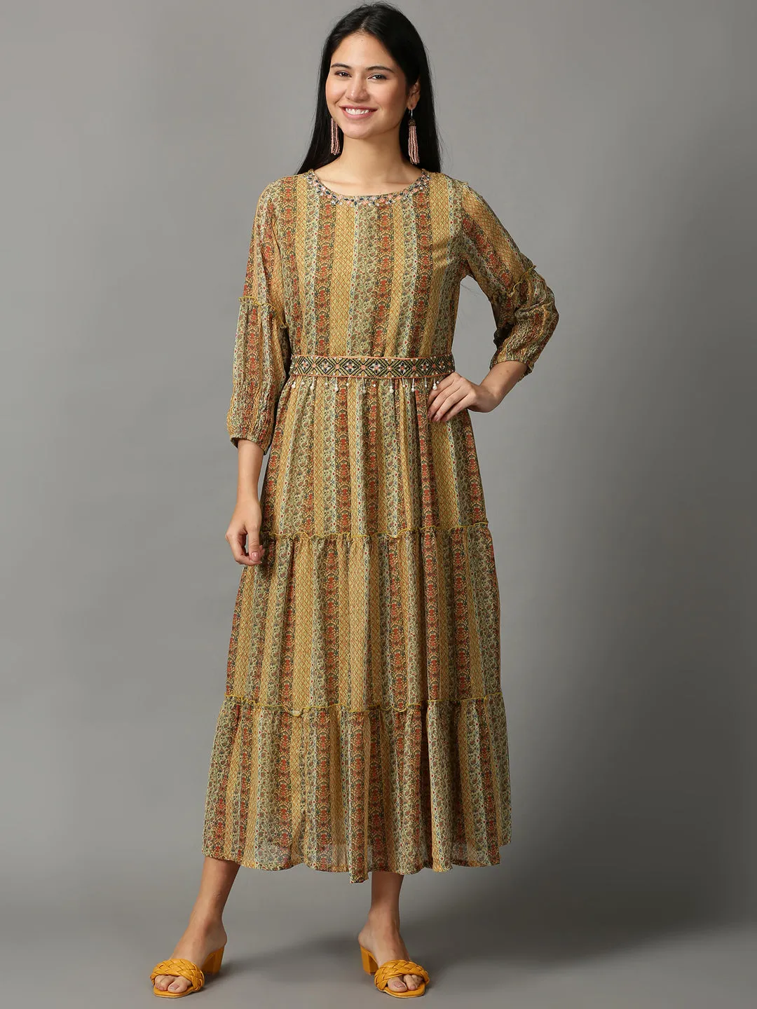 Women's Olive Printed Fit and Flare Kurta