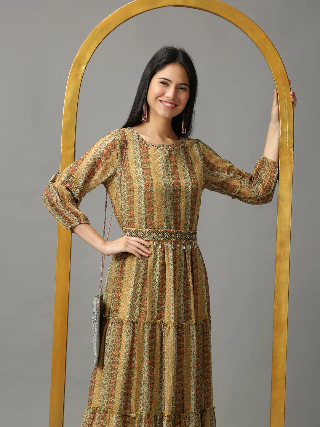 Women's Olive Printed Fit and Flare Kurta