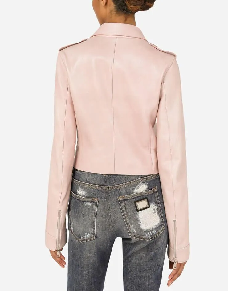 Womens Tab Collar Light Pink Biker Leather Jacket