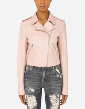 Womens Tab Collar Light Pink Biker Leather Jacket