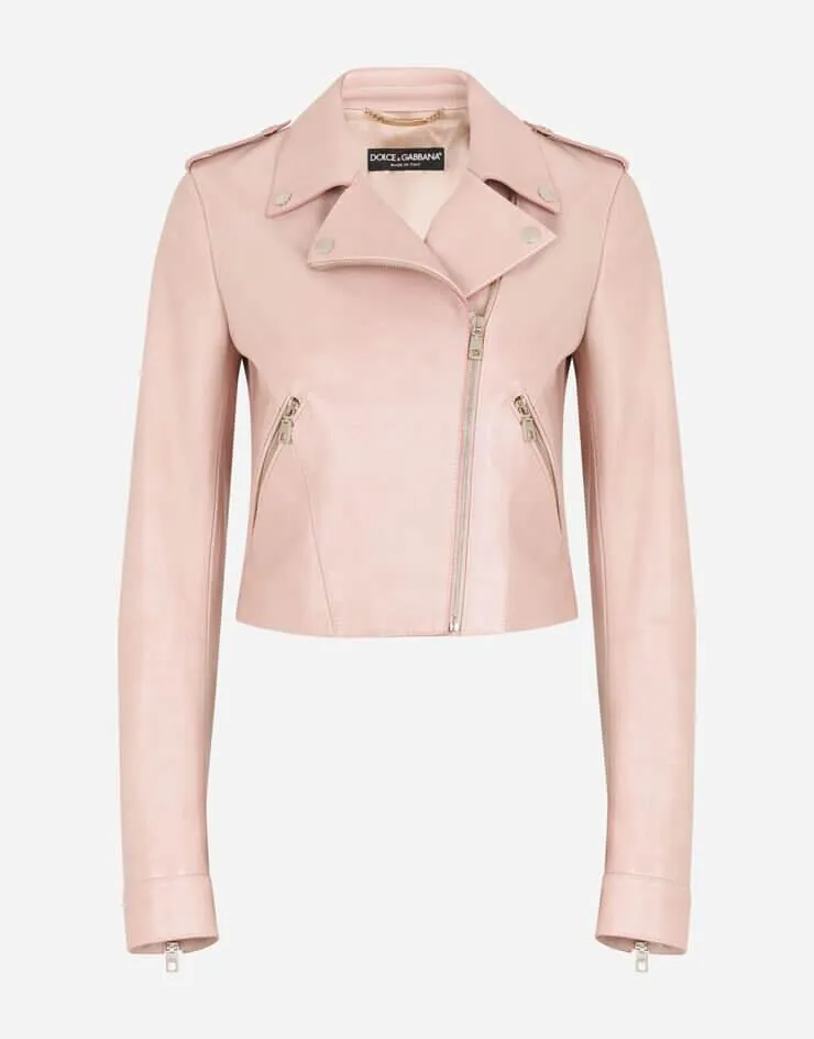 Womens Tab Collar Light Pink Biker Leather Jacket