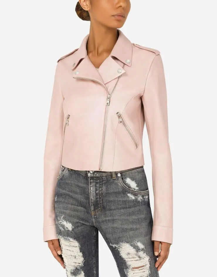 Womens Tab Collar Light Pink Biker Leather Jacket