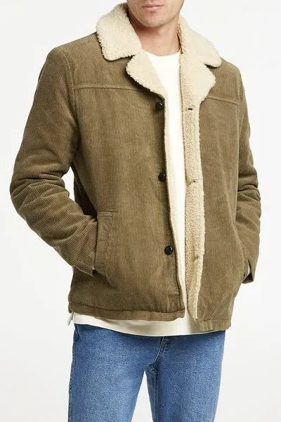 WRANGLER Mens Bakers Sherpa Cord Coat Olive Cord